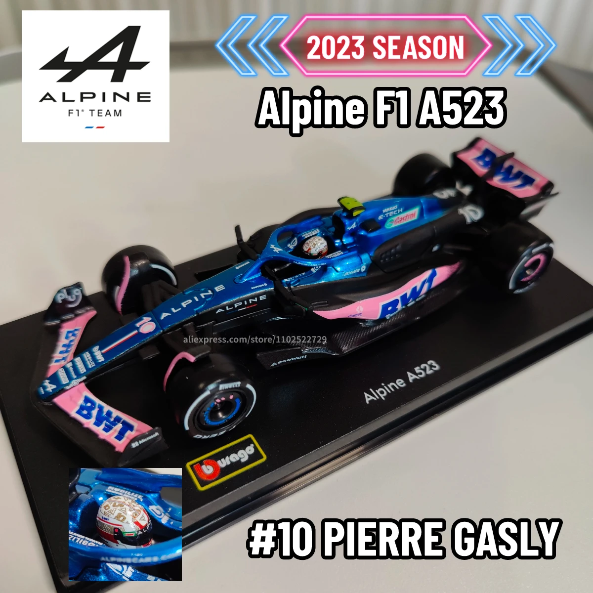 Bburago F1 2023 Alpine A523 Car Model with Showcase, Scale 1:43 French Formula 1 Replica Xmas Gift Boy Toy Miniature Home Decor