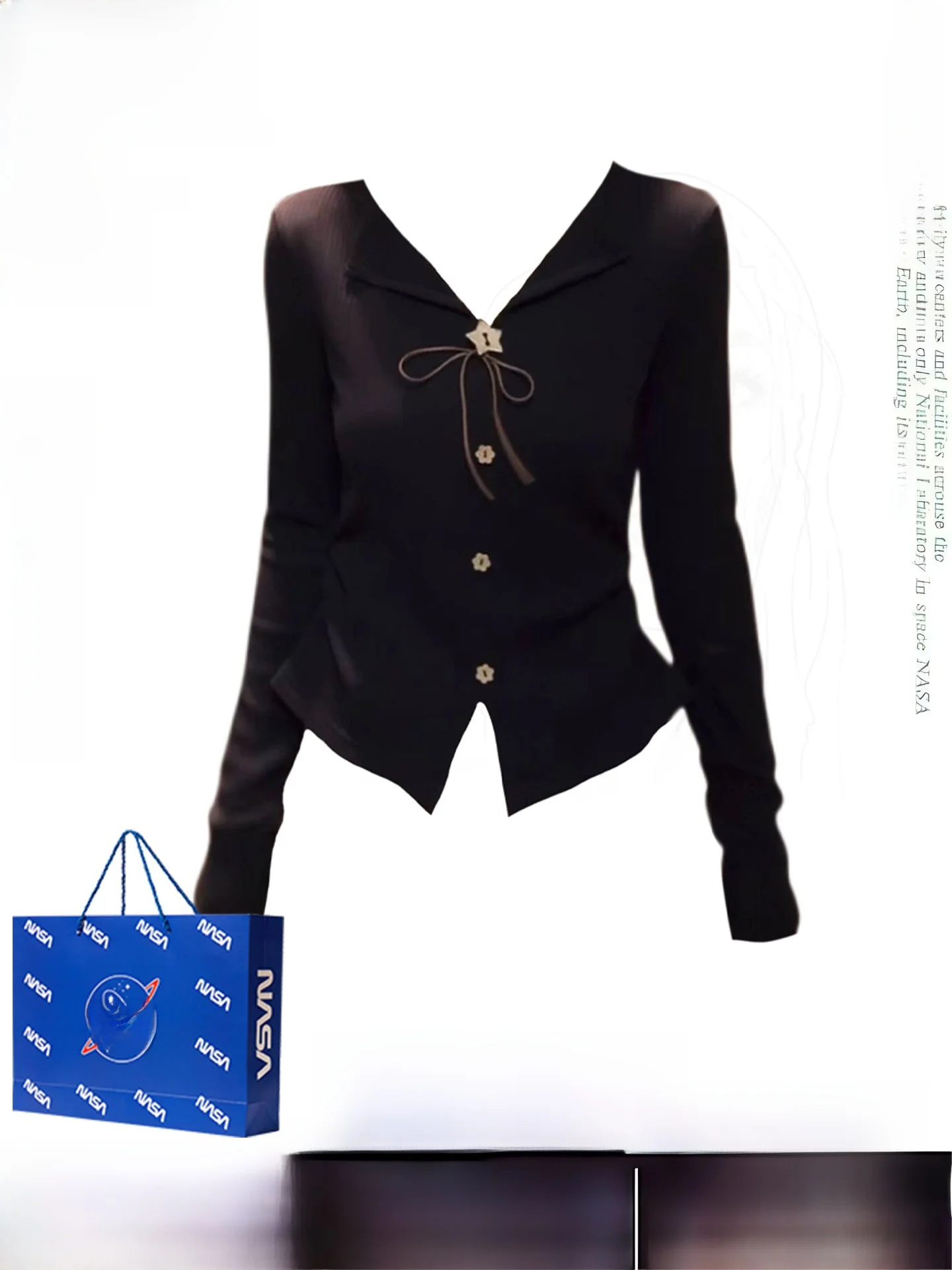 

Sweet Spicy Girl Black Bow Knot Knitted Long Sleeve T Shirt Women's Short Style Slim Fit Top Button Design Autumn Fashion