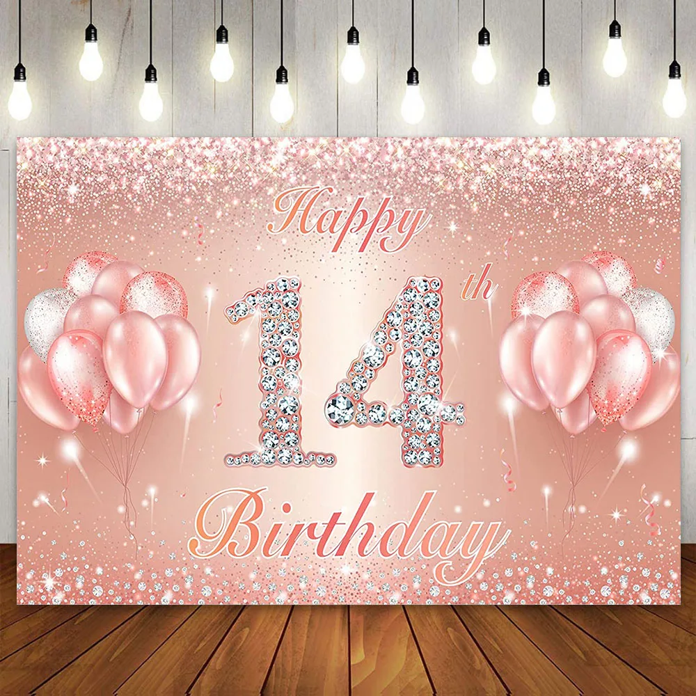 

Happy 14th Birthday Party Decoration Backdrop Cake Banner 14 Years Old Pink Rose Gold Headboard Red Diamomd Background for Girls