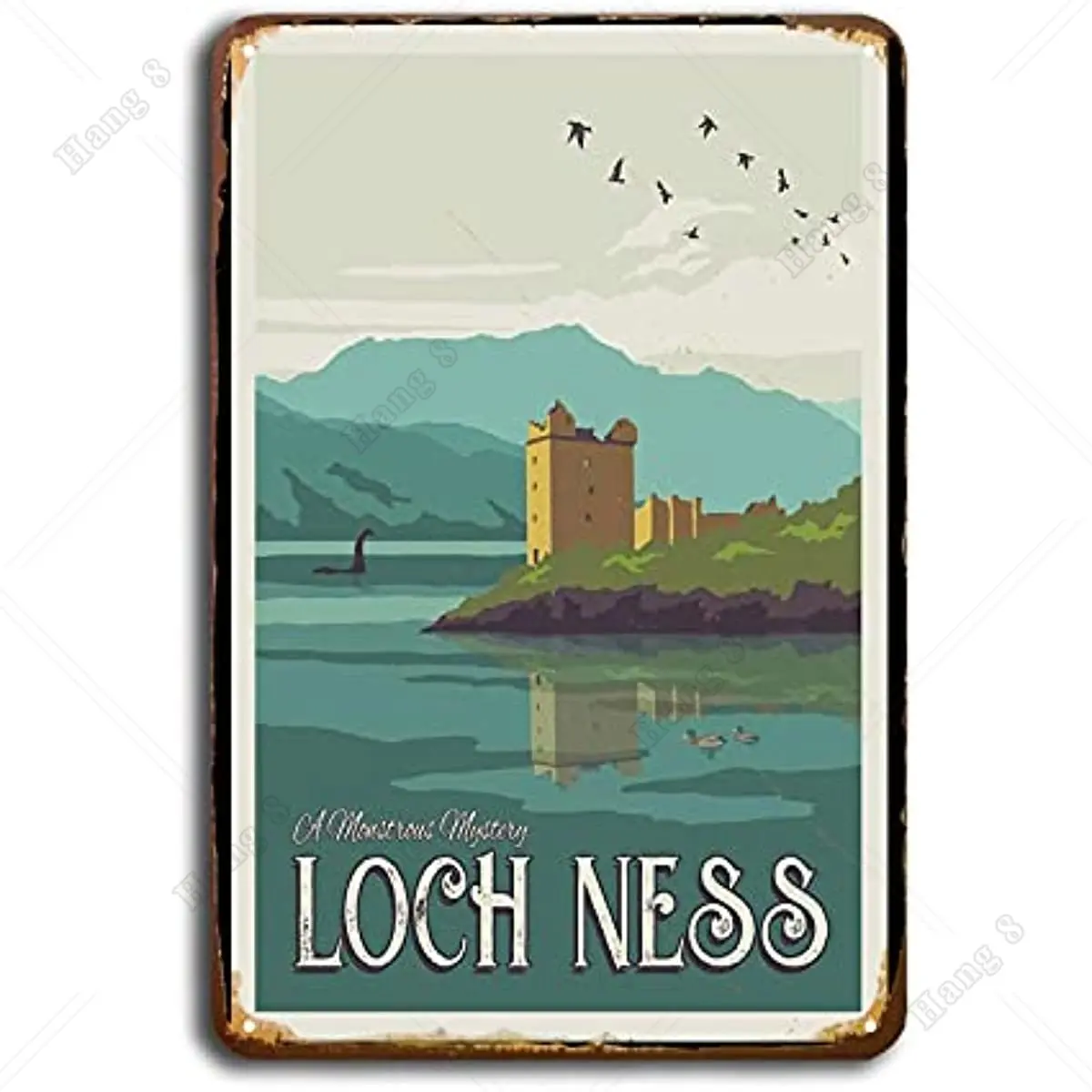 Loch Ness Monster Travel Poster Retro Metal Tin Sign Wall Decor Funny Scene Tin Sign Wall Plaque Poster Cafe Bar Restaurant