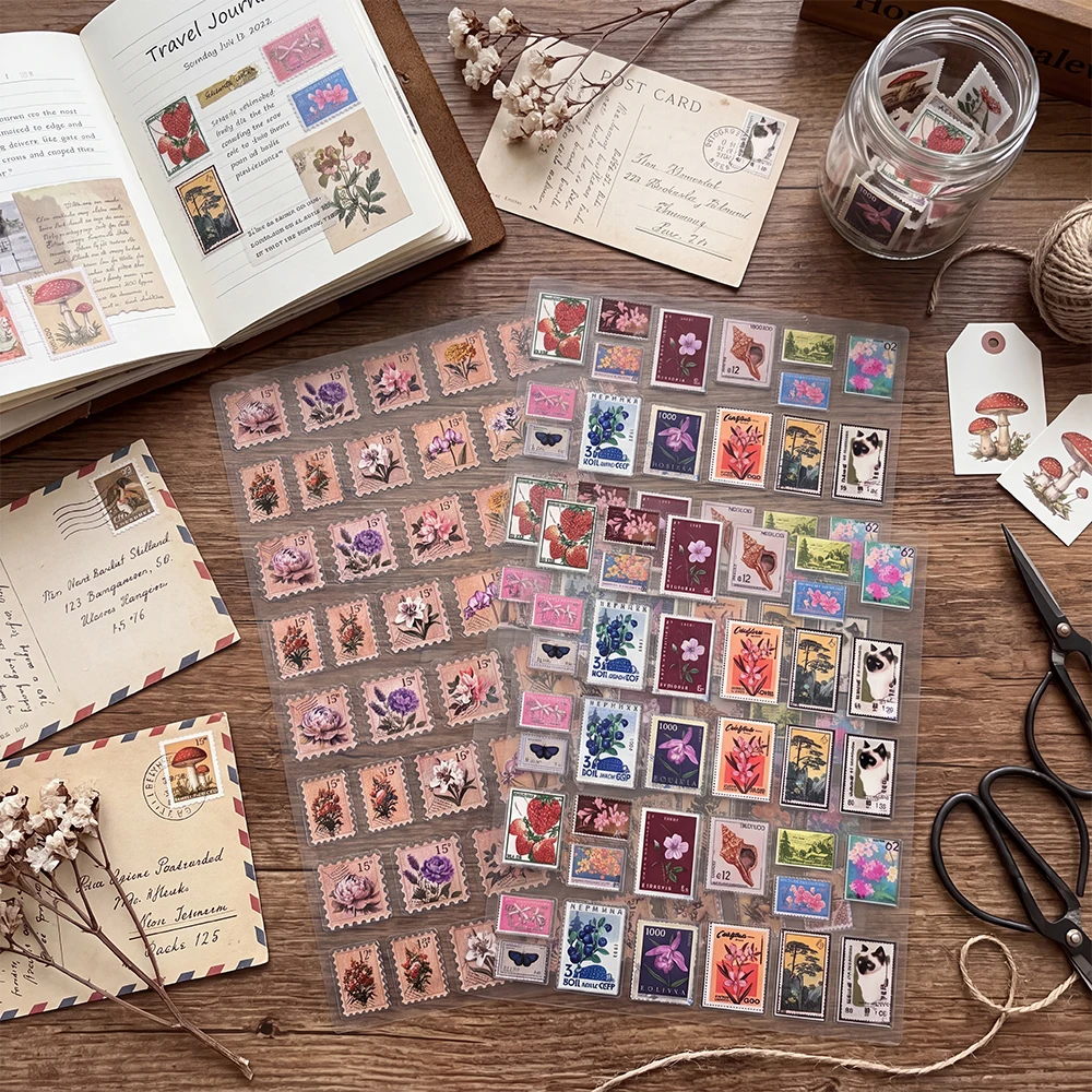 Vintage Stamp Stickers Sheet Transparent PET Adhesive Labels For Scrapbooking Journal Dark Academia Stationery Girl Gifts