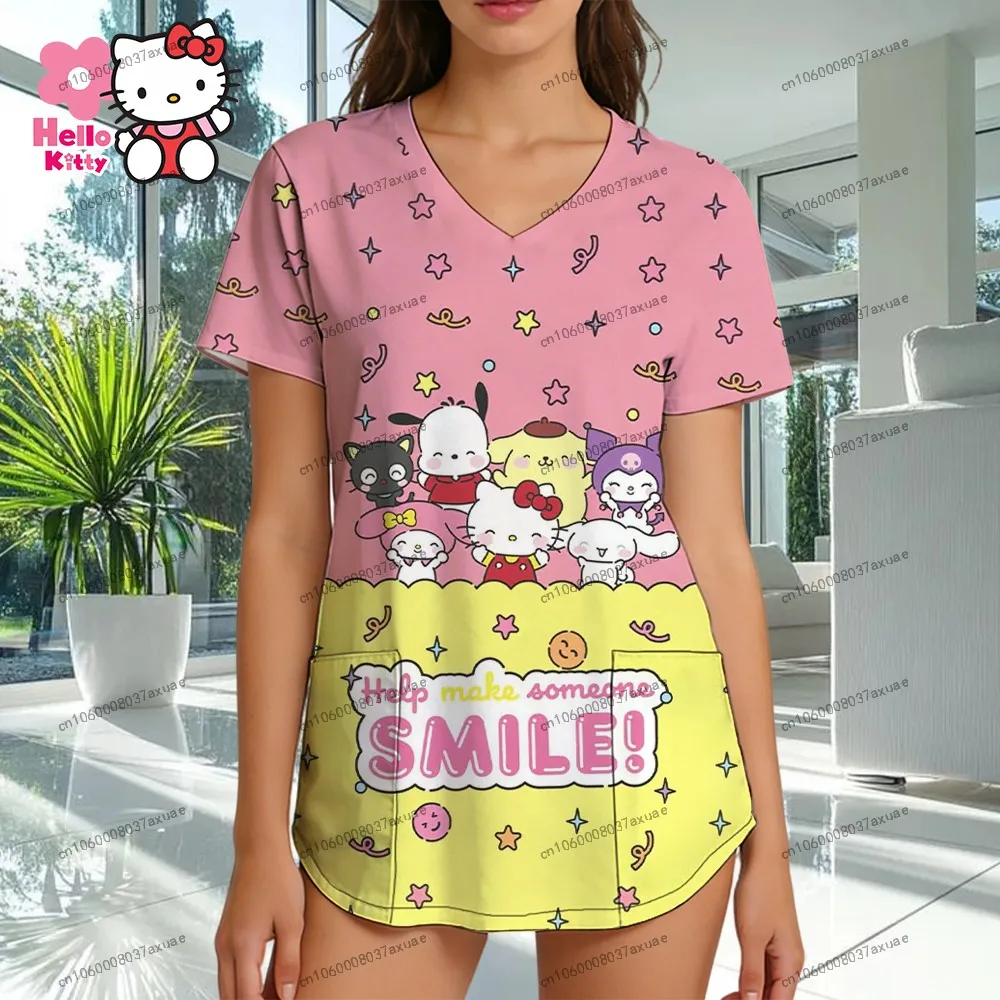

Women's Nurse Uniform T-shirt Lovely Hello Kitty Sanrio Pocket 2026 New V Neck S-2XL Tees Y2k Clothes Short Sleeve Trend Shirts
