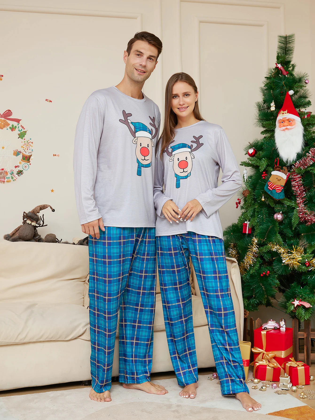 

Christmas Couple Pajamas Set: Gray Tops with Reindeer Print, Blue Plaid Pants, Festive Matching Sleepwear