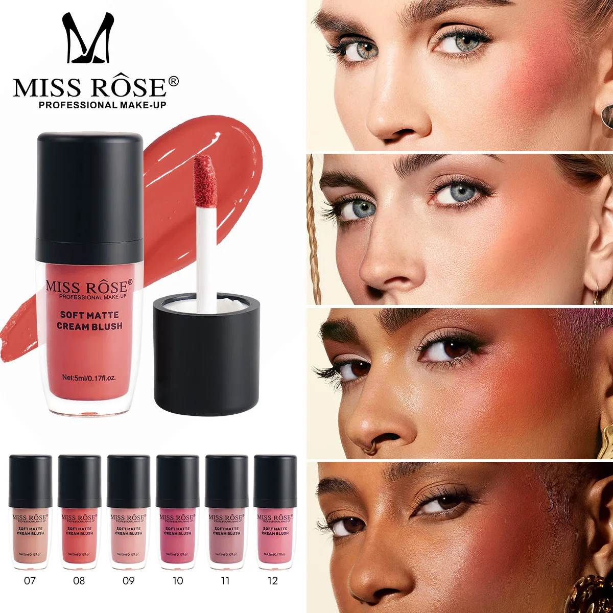MISS ROSE 12-Color Multi-use Liquid Blush Smudge-Resistant Natural Color Tint Versatile Facial Makeup for Daily Beauty