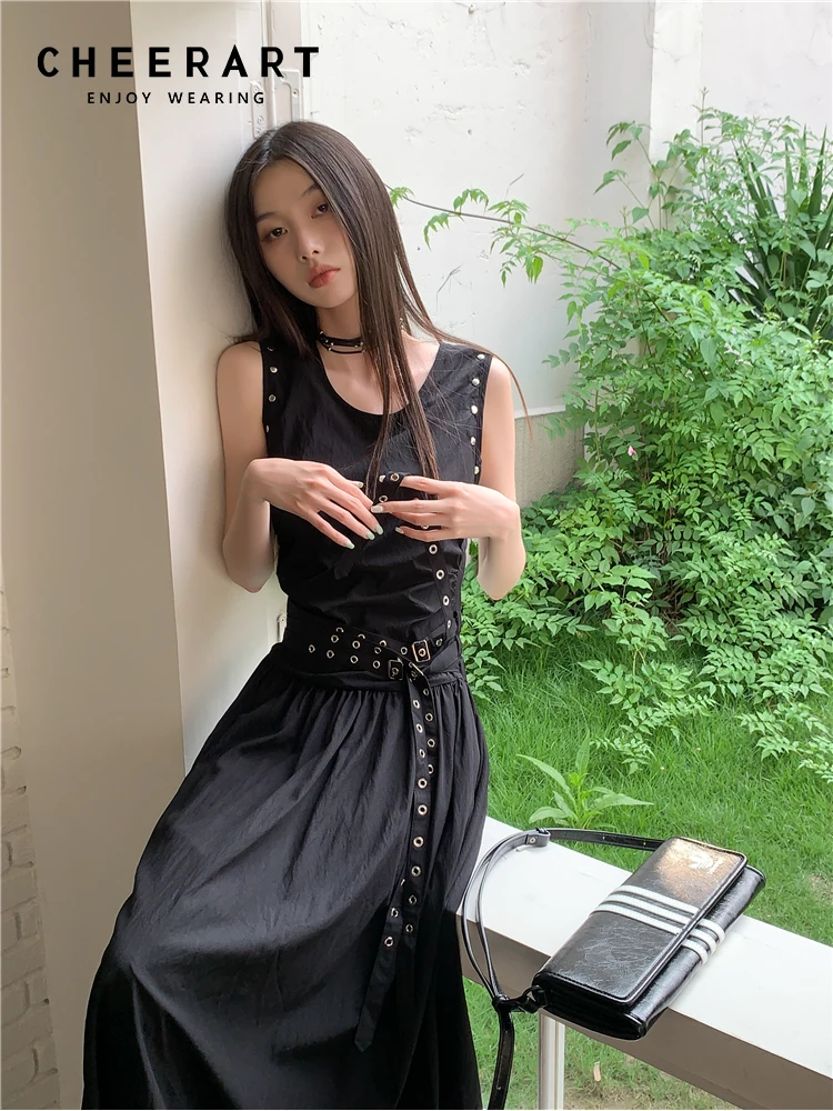 CHEERART Rivet Sleeveless Long Tank Dress For Women 2023 Summer Classy Black A Line Maxi Dress With Belt Designer Clothes