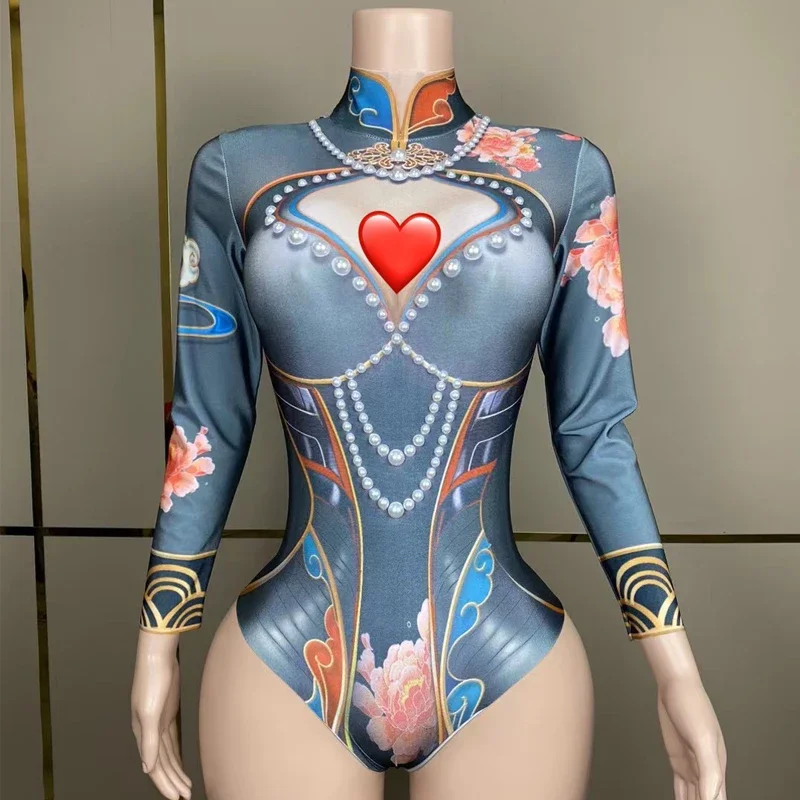 레트로 프린트 페이크 퍼스펙티브 바디수트 드레스 여성 파티 페스티벌 의상 할로윈 나이트클럽 DJ DS 고고 코스튬 레이브 웨어 6979