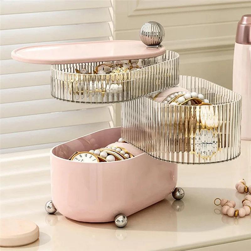 

ABWR-Rotatable Jewelry Boxs Multi-Layer Desktop Storage Box For Cosmetics Lipsticks Cables Jewelry Makeup Organizer, Pink Easy T