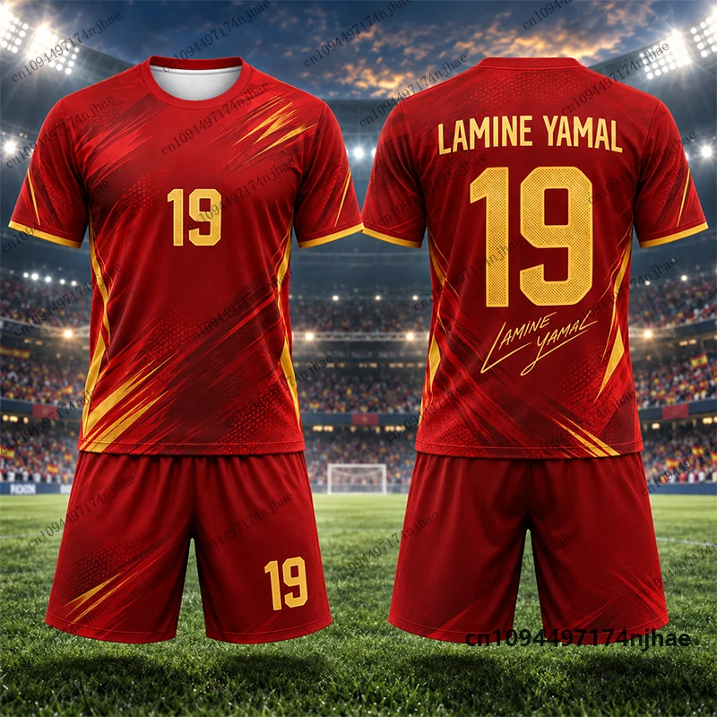 2026 Kinder-Trainingsanzug Fußballtrikot Yamal # 19 Bedruckte T-Shirt- und Shorts-Sets, Spanien-Fananzug, Sport-Outfit für Kinder/Erwachsene, 2-teiliges Outfit – Detail 8