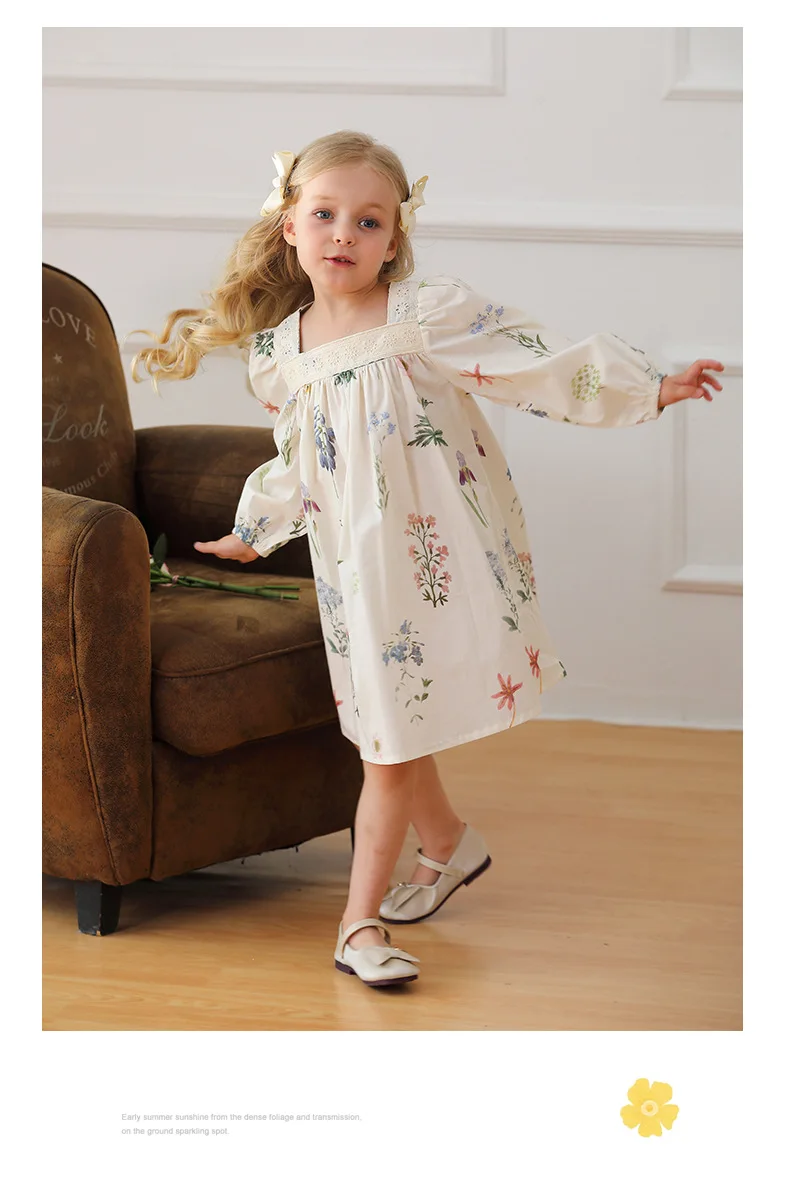 2024 Autumn Style Printed Flower Lace Square Neck Girls\' Dress Kids Wear Bubble Long Sleeved Children\'s Princess Dress