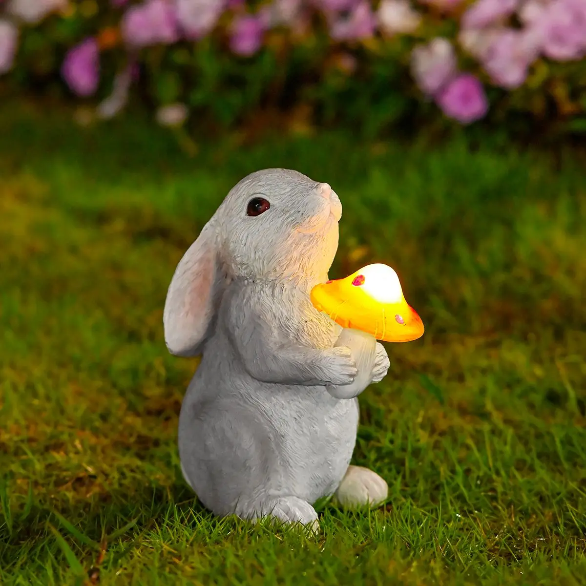 Solar Powered Outdoor Bunny Statue with Glowing Mushroom Resin Garden Ornament Grey Orange 22cm H x 18cm L x 13cm W
