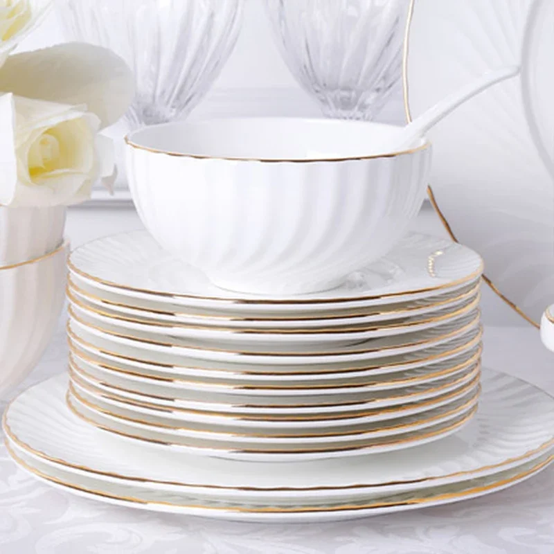 Bowls and Plate Set 50% Bone china Tableware Spoon Dinner plates Phnom Penh embossed pot Western Simple Gift Porcelain