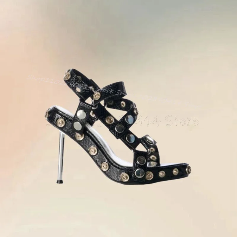 Sandalias de tacón de Metal con remaches redondos Para mujer, Zapatos de tacón alto fino con correa y botón, color negro, 2024