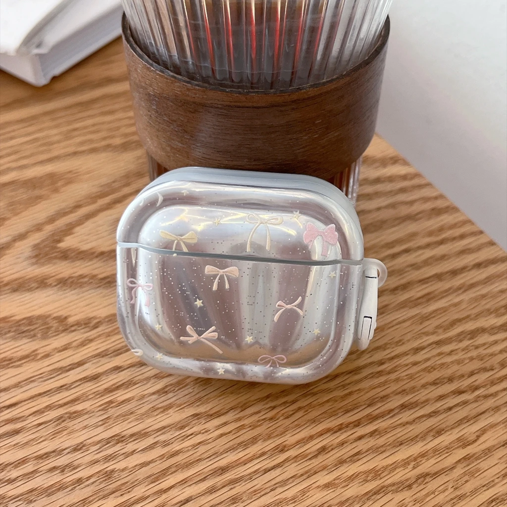 Étui de protection antichoc pour écouteurs AirPods 1 ou 2 3 4 5 Pro 2 Pro 3, avec nœud papillon, étoile et crochet, esthétique laser argenté, rose et blanc