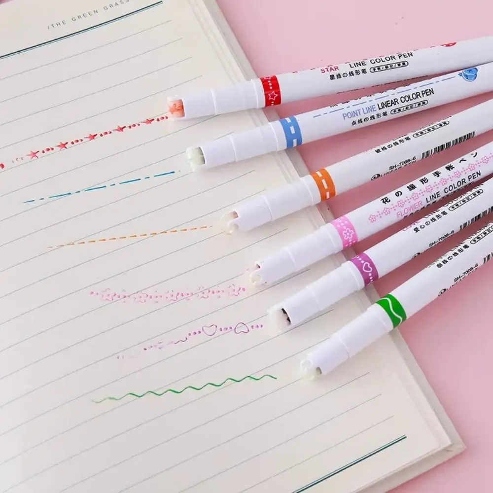 6Pcs/Set Creative Flower Shaped Curve Liner Pen Flowers Line Shaped 6 Colors Colored Highlighter Pen Set Single/Double Head