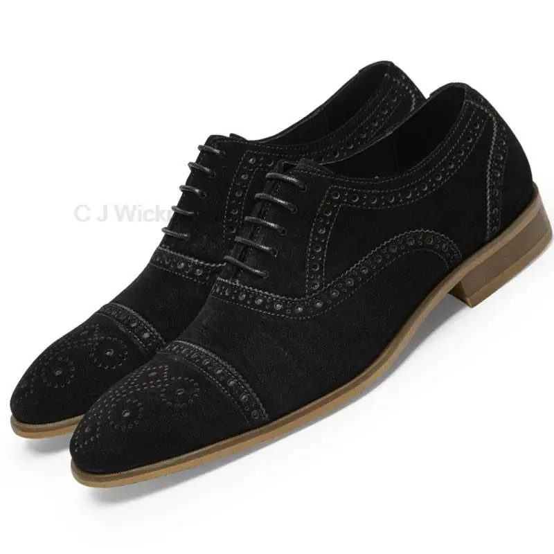 

HKDQ Luxury Toe Cap Mens Oxford Shoes Fashion Suede Genuine Leather Black Brown Lace Up Wedding Office Suit Dress Shoes For Men