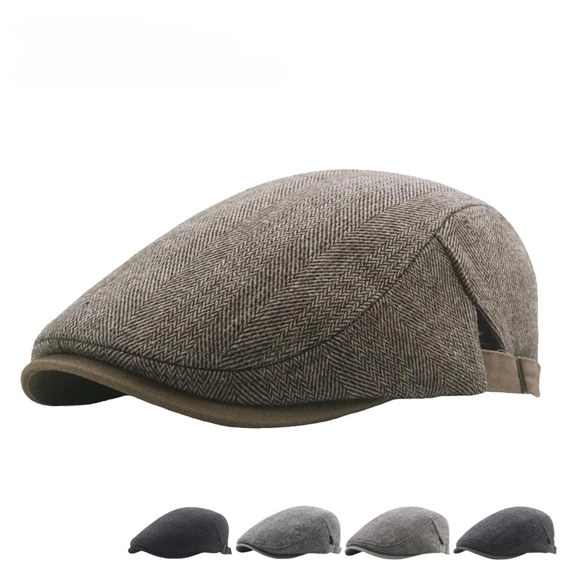 Oversized Beret Hat for Men Autumn Winter Warm Flannelled Duckbill Cap Striped Adjustable Newsboy Hat