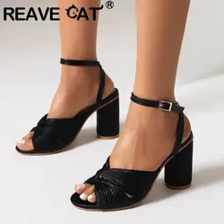 REAVE CAT Design Women Sandals Peep Toe Block Heels 10cm Buckle Strap Daily Female Summer Shoes Size 46 47 48 49 50