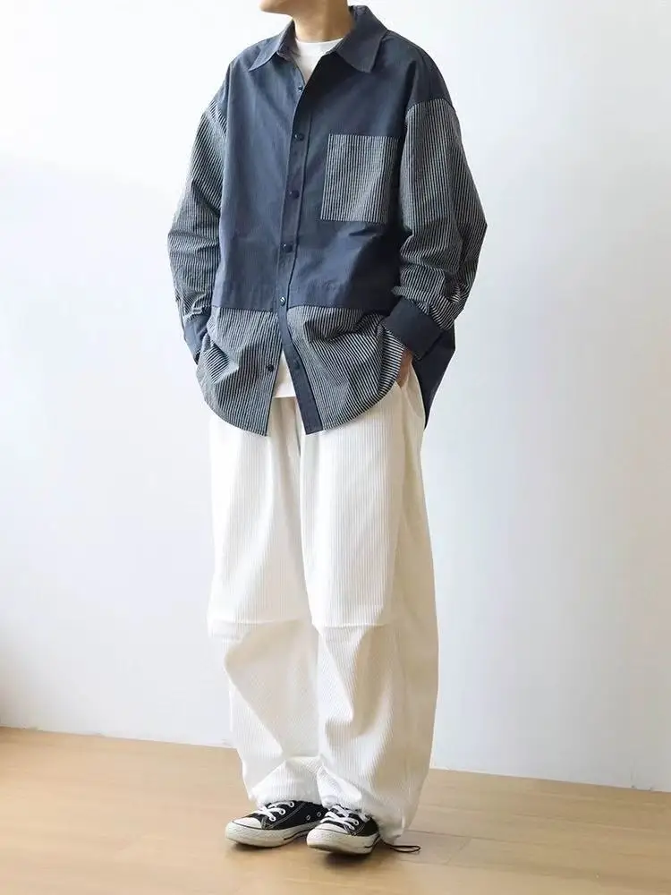 Corduroy Cargo Pants Men Japanese Korean Streetwear Loose Casual Drawstring Pleated Wide Leg Pant Women Jogger Tack Trousers