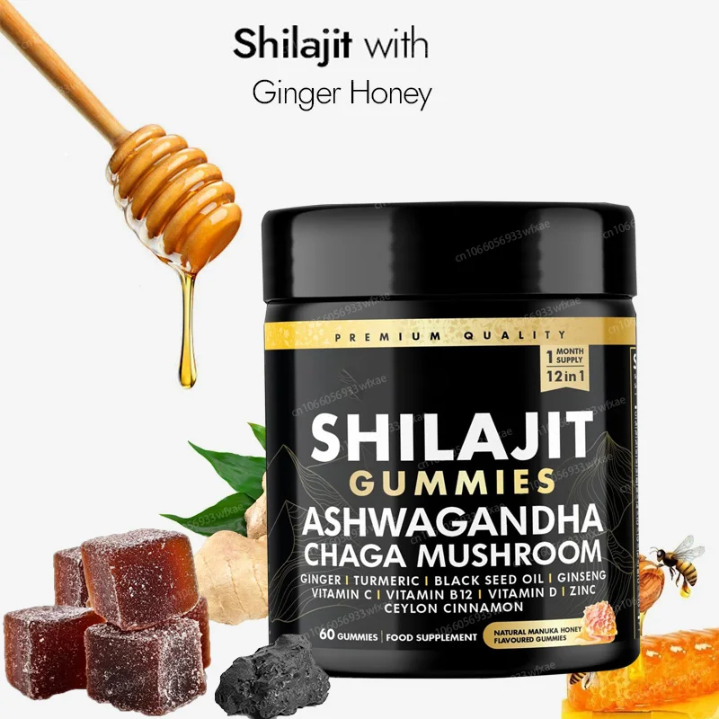 

60-желебные маркеры Shilajit с грибами и Ashwagandha, масло черного семян, поддержка иммунитета и пищеварительной здоровья, усилитель энергии витамина D2