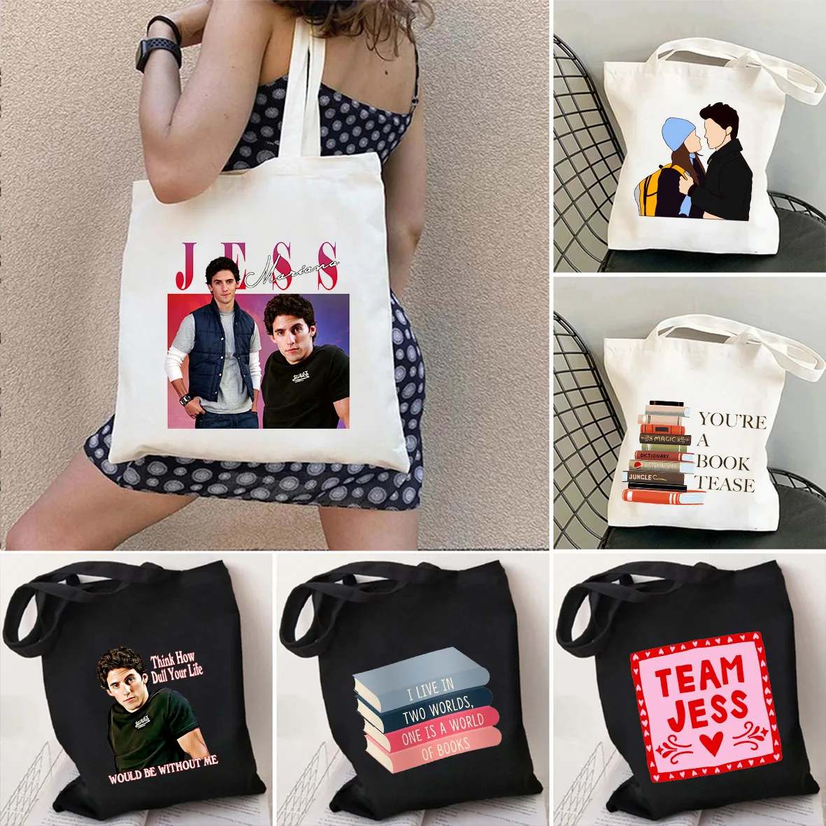 Vintage Team Jess Mariano Gilmore Girl Rory Omnia Paratus Books Harajuku Shoulder Shopper Canvas Tote Bag Large Shopping Handbag