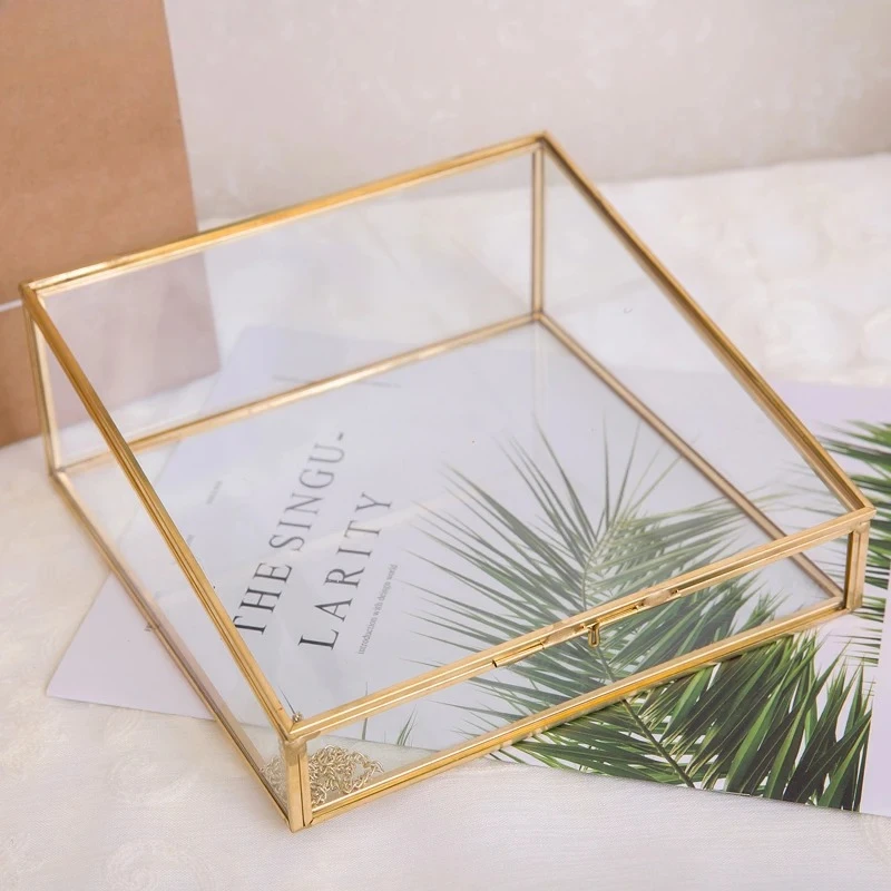 European Style Polygonal Vintage Copper Side Glass Jewelry Cosmetic Storage Box Jewelry Display and Storage