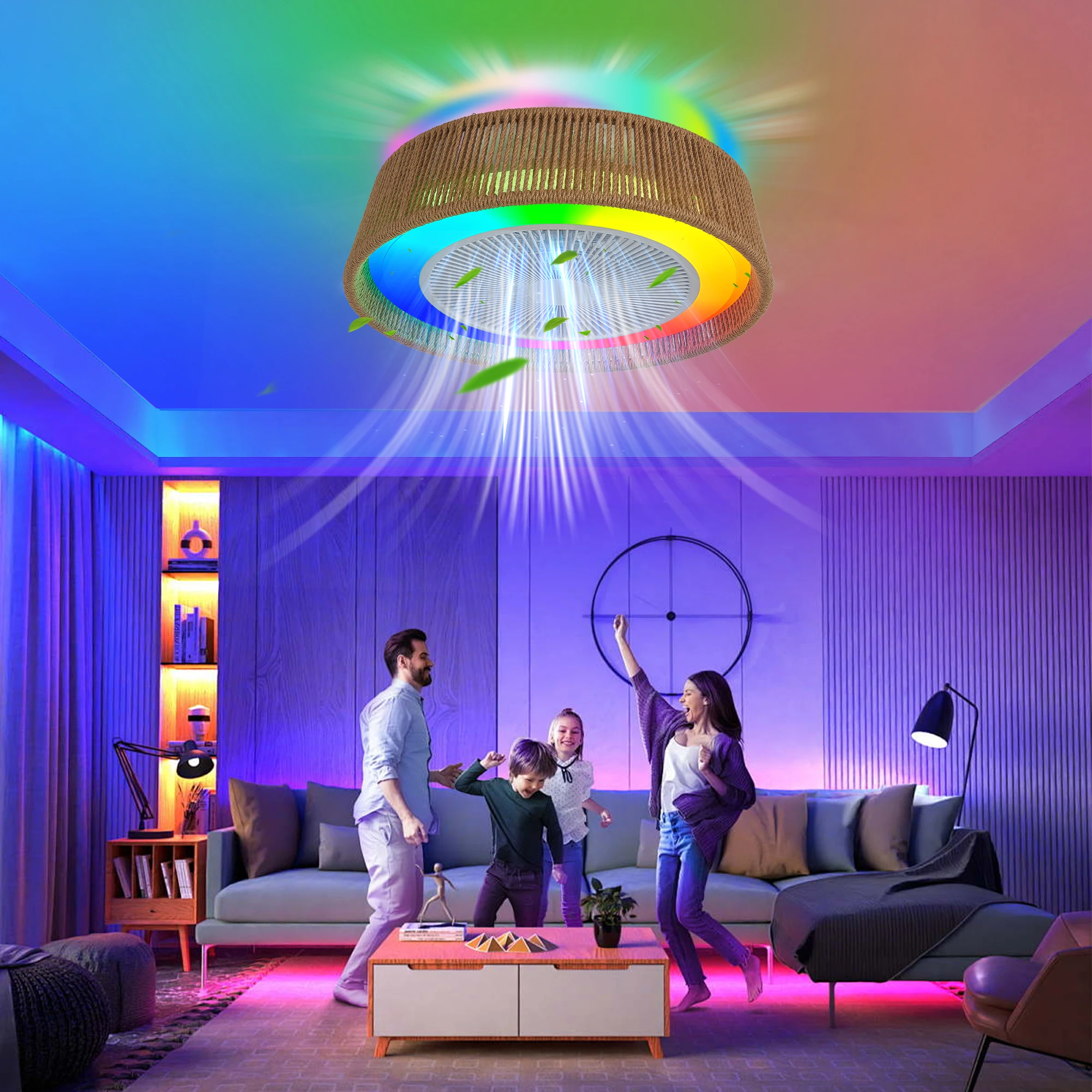 

Современный потолочный вентилятор в деревенском стиле со светодиодной RGB-подсветкой для настроения, веревочным тканым дизайном, тихим вентилятором, полузаподлицо для спальни, гостиной