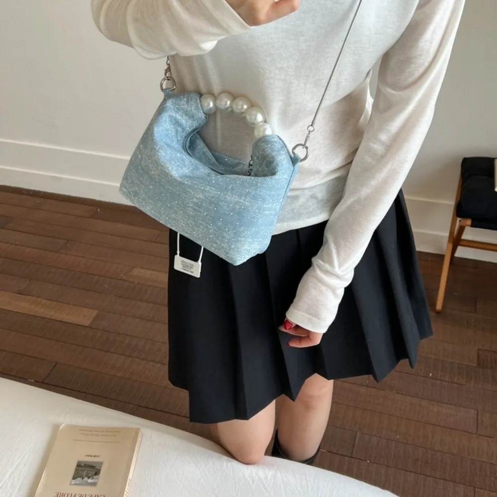

Portable Korean Pearls Denim Bag Square Rhinestones Denim Crossbody Bag Casual Small Women's Handbags Girls