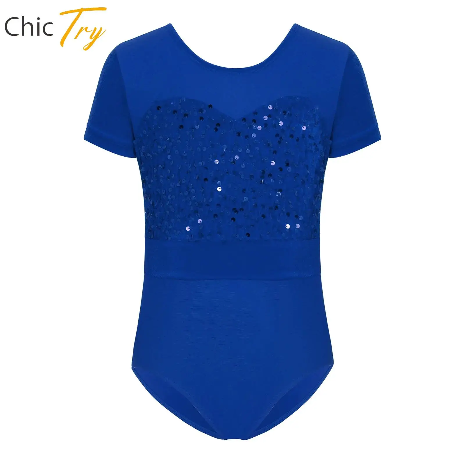 

Children Girls Rhythmic Gymnastics Ballet Dance Figure Skating Costume Short Sleeve Sequins Velvet Press Buttons Crotch Bodysuit