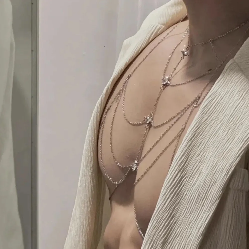 Body Jewelry Glitter Rhinestone Bust Chain Multilayer Sexy Bikini Chest Chain Trend Unique Silver Body Chain Nightclubs view 3