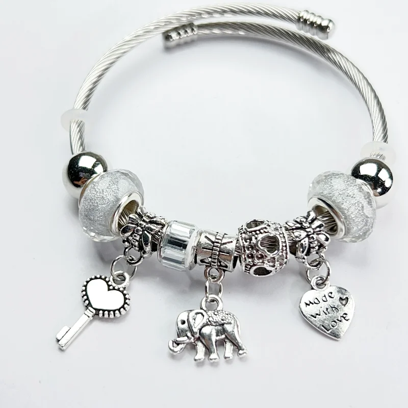 Adjustable Silver Color Alloy Elephant Heart Pendant Artificial Zircon Bangle Round Bead Bracelet Cuff for Women Elegant Wedding