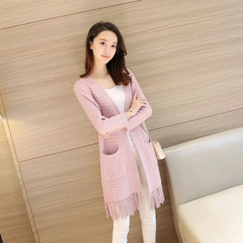 Women's Knitted Cardigan with Tassel Edges, V-neck, Mid-length Model, Autumn and Winter, Korean Version, New