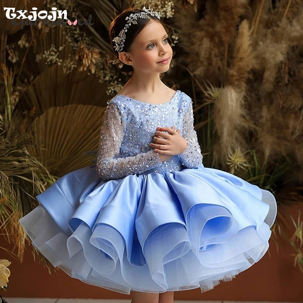 Popular Girls Tiered Mini Ball Gown Stage Performance Luxury Sequined Backless Long Sleeve Prom Dresses For Kids Host Costume