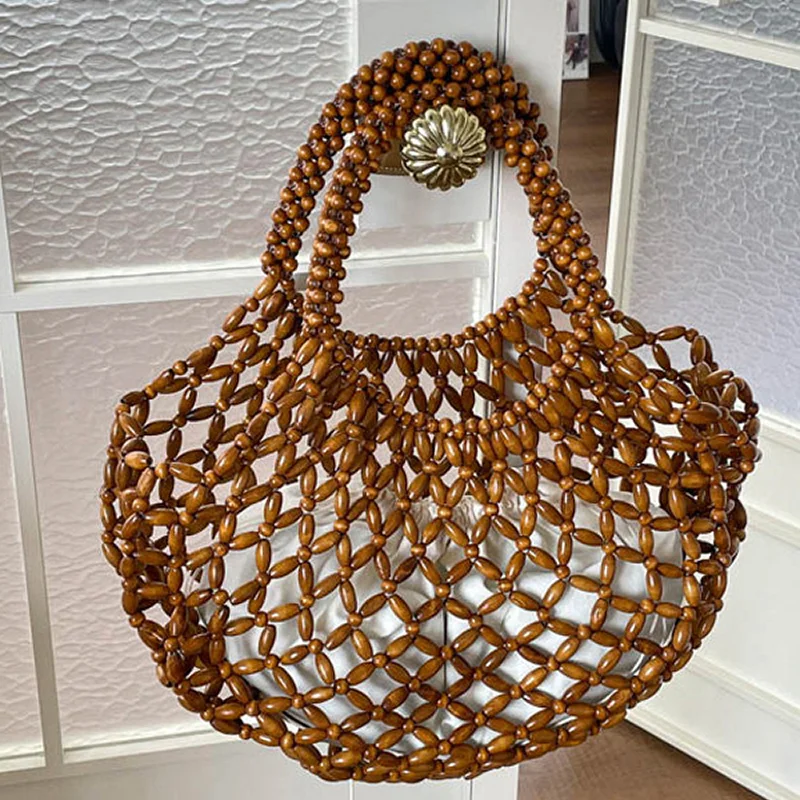 Hollow Wooden Bead Woven Handbag With Inner Bag Bohemian Style Fashion New Summer Beach Tote Bag Women's Underarm Bag
