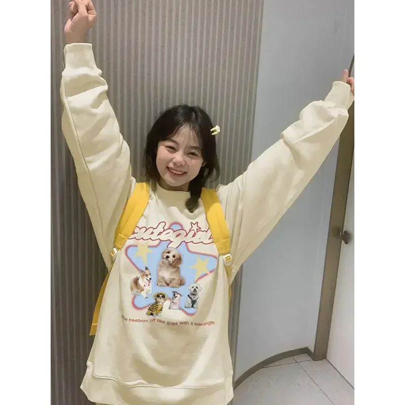 

Hoodies Cartoon Preppy Style American Vintage Sudaderas Mujer Yellow Women Loose Y2k Sweatshirts Kawaii Star Dog Print Sweet