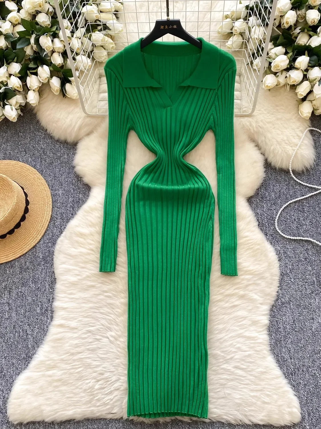 

Knitted Dress Women's Winter Lapel Long Sleeve Slim Long Dress Y2k Streetwear