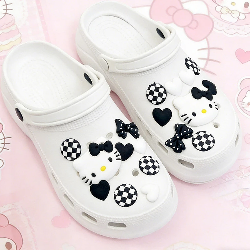 18PCS Hello Kitty Shoes Charms Checkerboard Bow & Heart Shoe Charms PVC Clog Decorations Accessories for Sandals and Wristbands