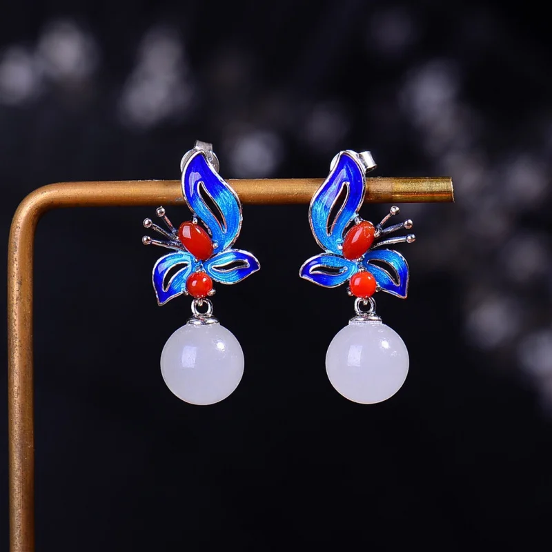 

S925 Silver Eardrops Hetian White Jade 10Mm Ball Bead Earrings Agate Embellished Burnt Blue