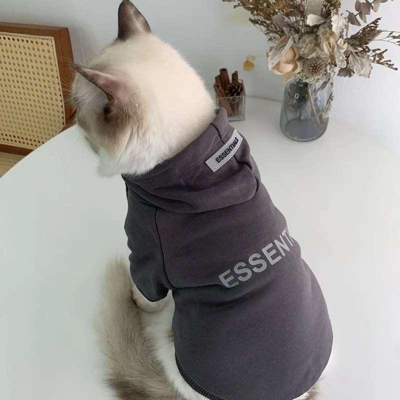 Letter Fleece Grey Cat Dog Hoodies Puppy Sweatshirt Soft Warm Sweater Winter Hooded Clothes for Small Dogs Poodle Maltese