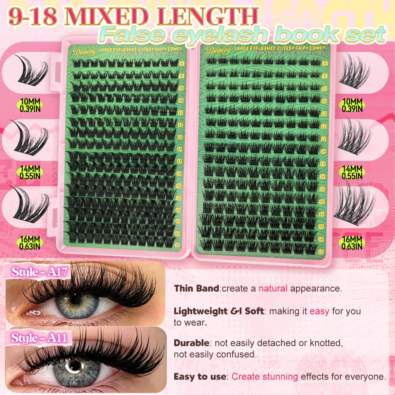 352-teiliges Flauschiges Wimpernbüschel-Set, Gemischte Stile A17+A11/T51+A10 Einzelne Wimpernverlängerungen, DIY Volumen-Wimpern mit Kleber und Pinzette – Detail 3