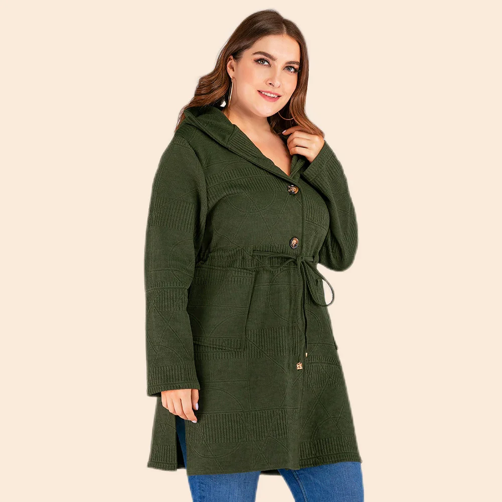 Plus Size Women Hooded Jacket Elastic Waist Pocket Split Casual Long Sleeve Sweater Coat 2023 Fashion Solid Color Loose Jackets