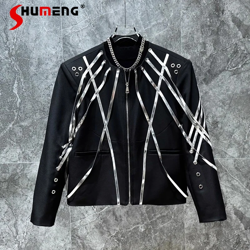 

2025 Men's Autumn New Splicing Design Short Style Jackets Trend Versatile Stylish Coats Male Handsome Long Sleeve Sparkling Tops