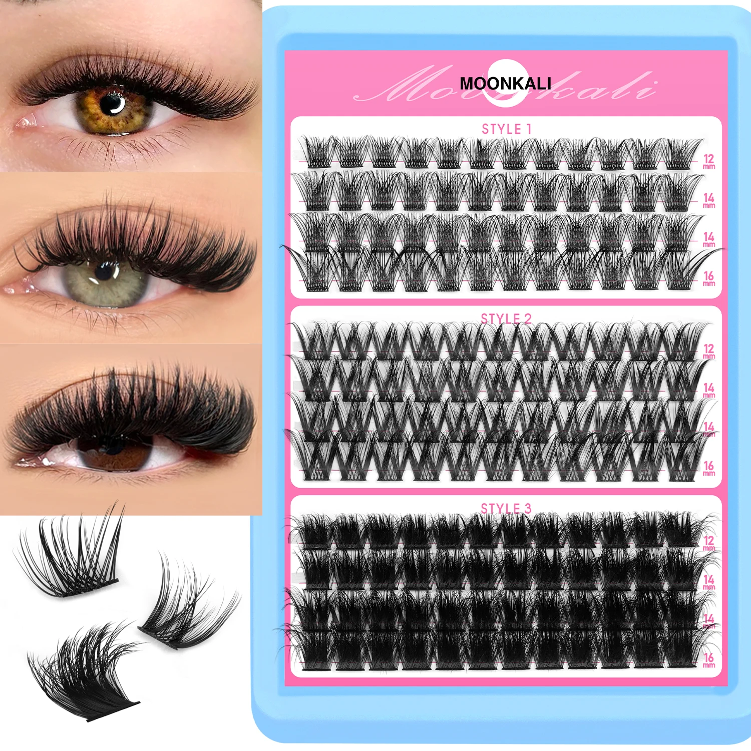 Kit de grupos de pestañas MOONKALI, volumen 3D y pestañas finas, juego de extensiones de pestañas naturales DIY con pegamento y pinzas, grupo de pestañas