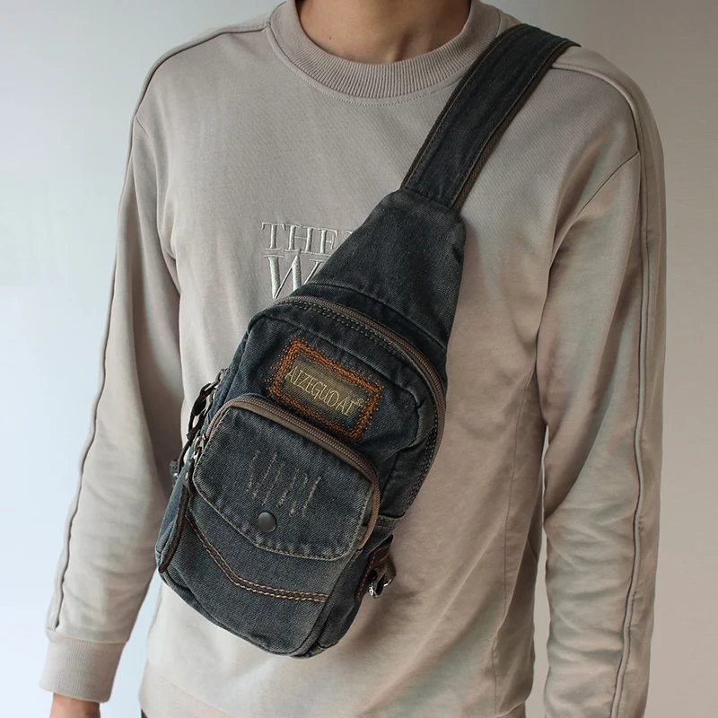 Original Korean Style Unisex Denim Crossbody Bag Fashionable Retro Sports Backpack Flat Pack Casual Street Trend Youth Bag