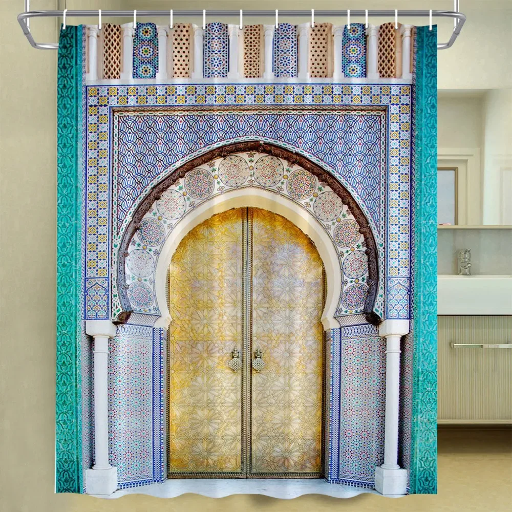 Vintage Moroccan Arch Door Shower Curtain Islamic Antique Door Geometric Pattern Polyester Bathroom Accessories Bathroom Decor