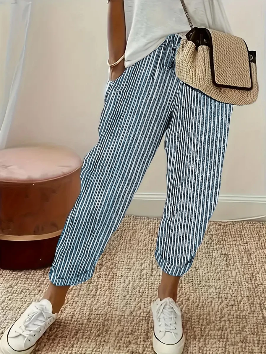 Übergröße Damen Gestreifte Hosen Lässige Weite Hosen mit Kordelzug Herbst Winter Mode Baggy Lange Hosen Hohe Taille Streetwear – Detail 1