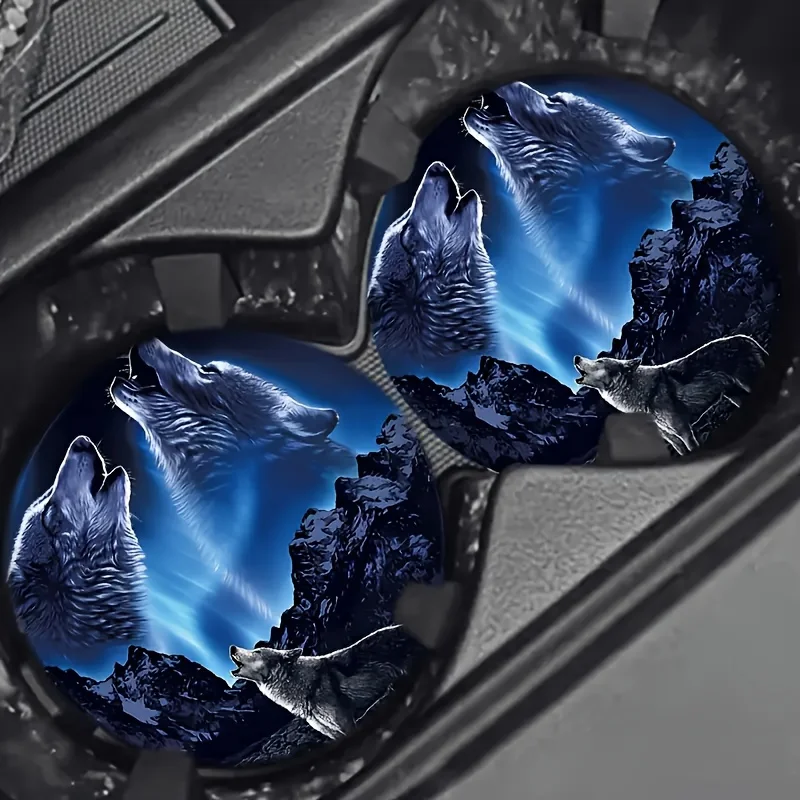 Two Wolf King Howling Designed Car Cup Holder Coasters - Made Of Acrylic Material - Easy To Clean, Perfect For Vehicle Interiors