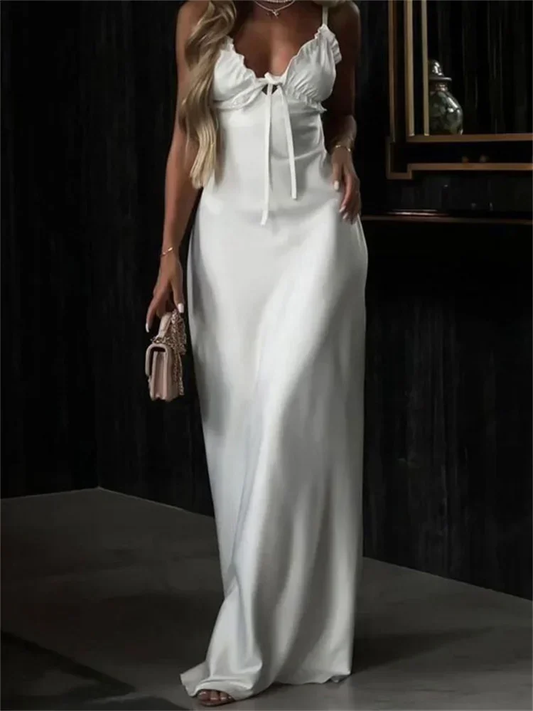 

Ruffled V-Neck Hollow Out Long Dress For Women Lace-Up Backless High Waist Slim Bodycon Dress Female Summer Maxi Dress New