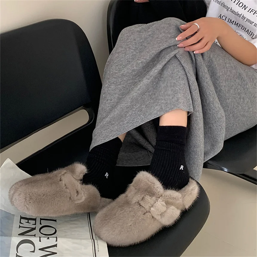 Winter Women Slippers Woman Furry Ladie Fur Luxury Fluffy Plush Slippers Cork Insole Sandals With Arch House Soft Fuzzy Platform