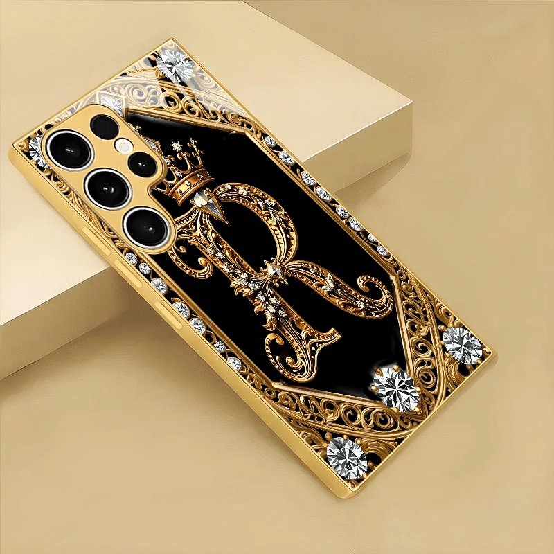 Luxurious R-letter Crown Pattern Electroplated Glass Phone Case,Suitable for Samsung S26/S25/S24/S23/S22/S21/S20and other models