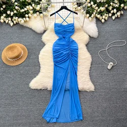Chic sexy Sleeveless Backless Pleated Split Slip Dress Slim High Waist Evening Women Black Pencil Dresses Women Summer Clothing